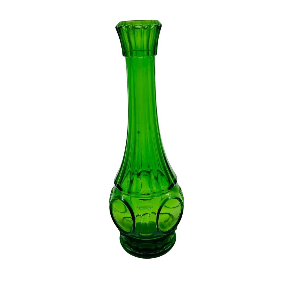 Wheaton Glass Bullseye Bud Vase Emerald Green Coin Dot MCM VTG Art Glass Decor